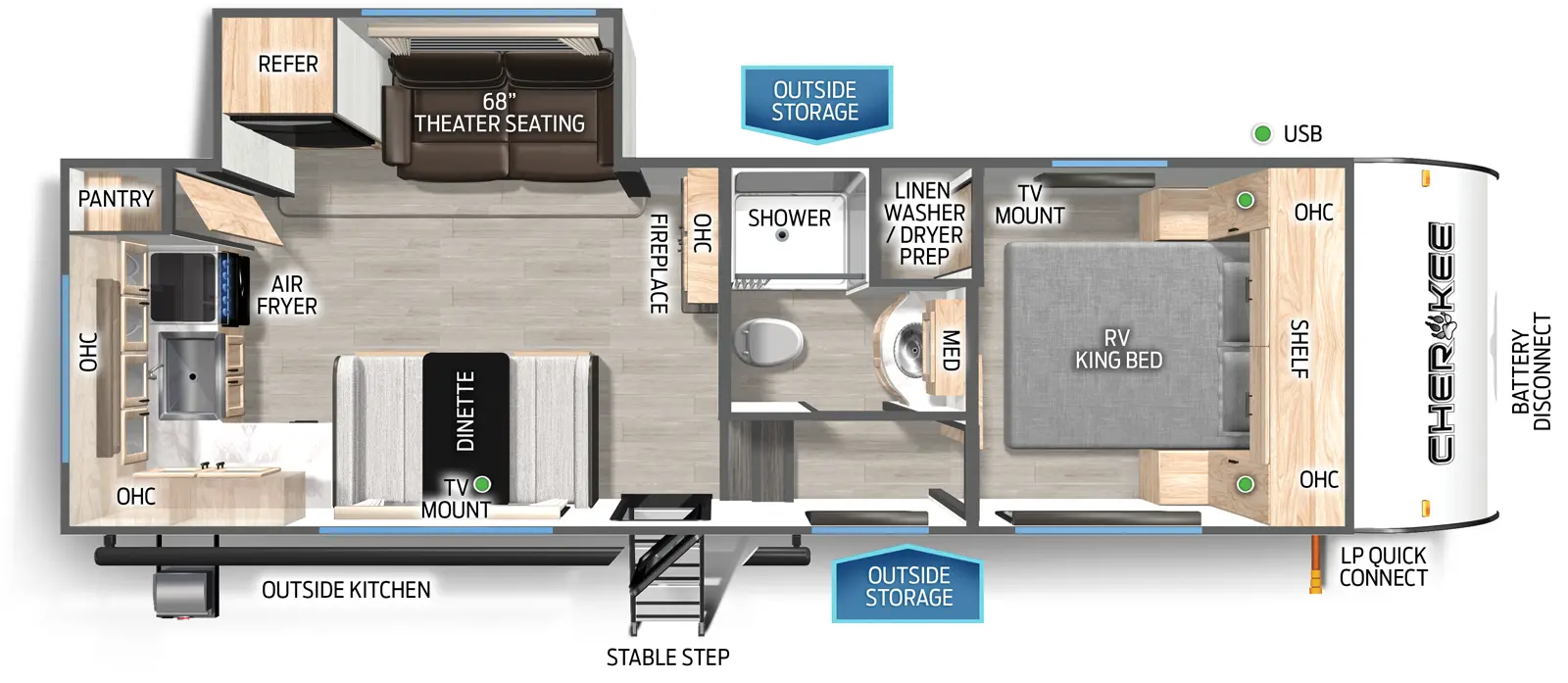 The Cherokee Black Label 255SBL floorplan has one entry and one slide out. Exterior features include: fiberglass exterior and outside kitchen. Interiors features include: rear kitchen and front bedroom.